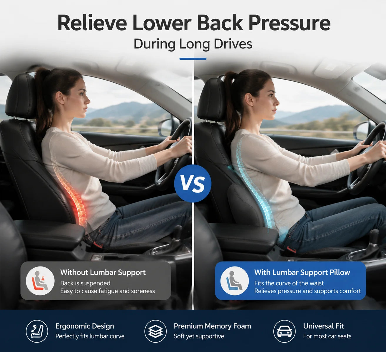 Memory Foam Car Lumbar Support Pillow, Ergonomic Back Cushion for Driving, Office Chair & Truck Seat Comfort