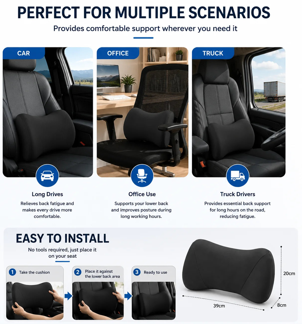 Memory Foam Car Lumbar Support Pillow, Ergonomic Back Cushion for Driving, Office Chair & Truck Seat Comfort